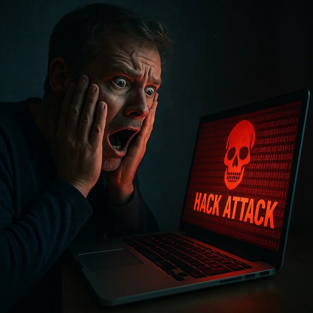 Ensetztes Gesicht vor einem Computerbildschirm wegen einer Hackerattacke.