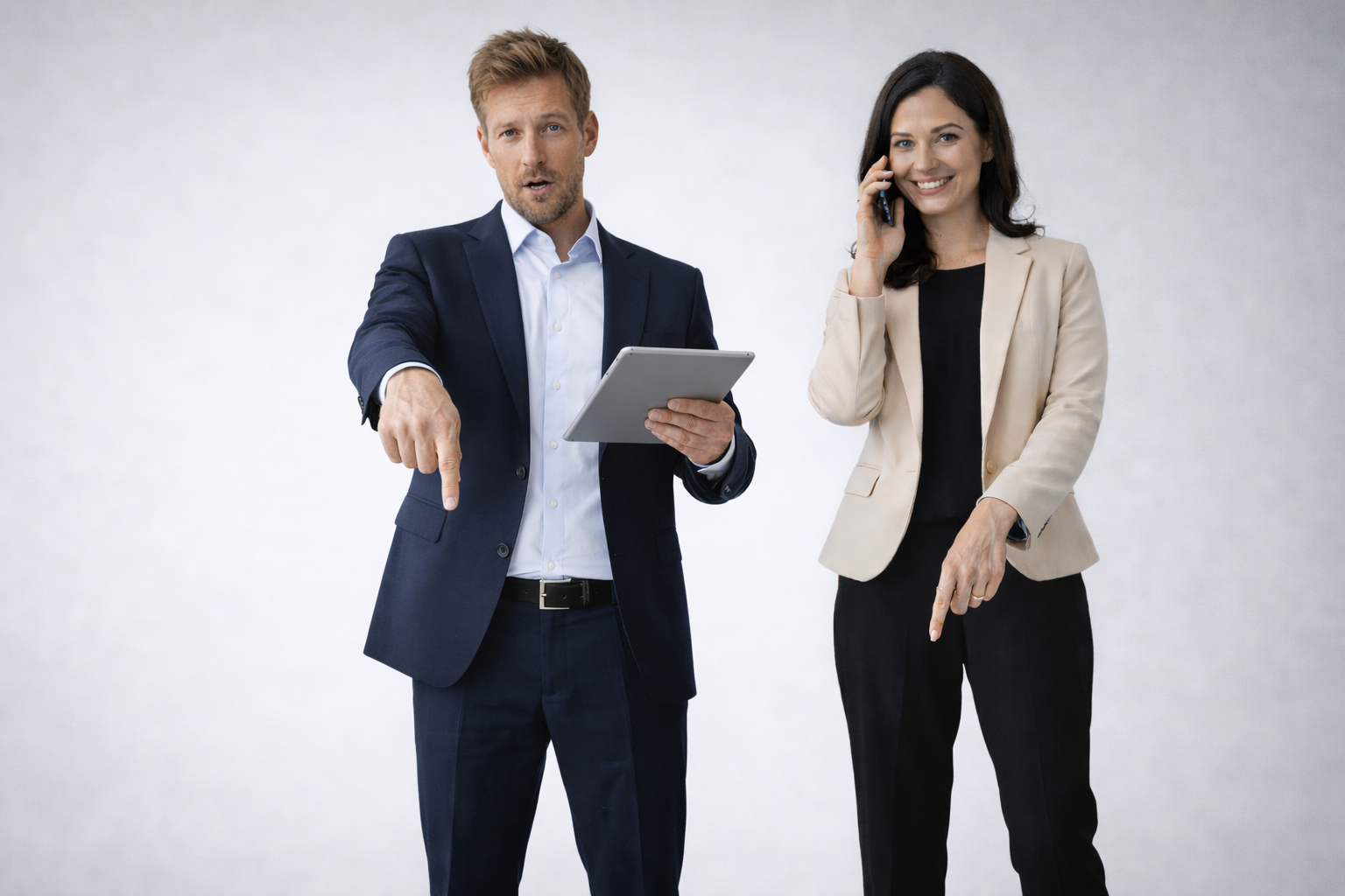 Mit KI erzeugtes Bild, Ehepaar zeigt nach unten zum Kontaktformular